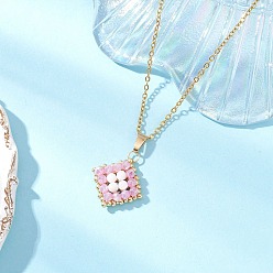 Pink Подвеска в виде ромба из натурального радужного лунного камня и стеклянных бусин ручной работы 304 ожерелья из нержавеющей стали с цепочкой-кабелем, золотые, розовые, 17.91 дюйм (45.5 см)