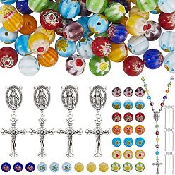 (52) Непрозрачная лаванда Наборы для самостоятельного изготовления четок из бусин, включая подвески и звенья из сплава крестовины, бусины миллефиори лэмпворк, 304 штыри из нержавеющей стали, разноцветные