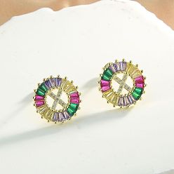 Letter X Серьги-гвоздики из латуни с разноцветными кубическими цирконами, плоско-круглые, золотые, Письмо X, 16x16 мм