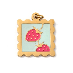 Клубника 304 нержавеющей стальной эмали подвески, квадратных амулеты, с целью перехода в кольце, ионное покрытие (ip), реальный 18 k позолоченный, клубника, 19.5x16.5x1.5 мм, отверстие : 2.5 мм