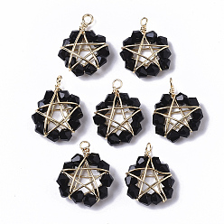 Black Glass Pendants, Wire Wrapped Pendants, with Real 18K Gold Plated Brass Wires, Nickel Free, Star, Black, 15.5x13x6mm, Hole: 1.6mm