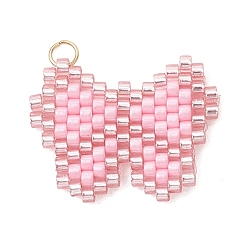 Pink Стеклянные подвески из бисера, очарование бабочки, с открытыми пружинными кольцами из нержавеющей стали 304, реальный 18 k позолоченный, розовые, 18x24x2 мм, отверстие : 3 мм