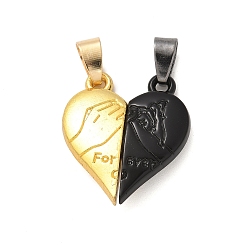 Черный Эмали сплава сплит подвески, сердечный парный шарм со словом навсегда, с магнитным, чёрные, 24x21.5x6 мм, отверстие : 7x4 мм