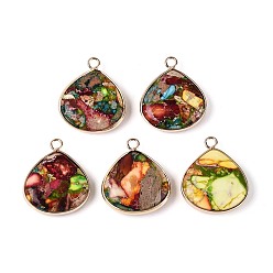 Разноцветный Подвески из окрашенной натуральной императорской яшмы, латунные подвески в форме капли с драгоценными камнями, золотые, красочный, 25~25.5x21~22x6~6.5 мм, отверстие : 2.2 мм