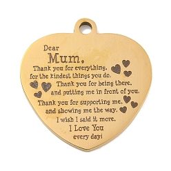 Настоящее золото 18K Вакуумное покрытие pvd 201 подвески из нержавеющей стали, Подвески-послания на семейную тему, сердце со словами-подвесками, реальный 18 k позолоченный, 30.5x29x2 мм, отверстие : 3 мм