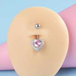 Сердце 304 Кольца для пупка из нержавеющей стали с микропаве из кубического циркония, цвет нержавеющей стали, сердце, 10 мм, штифты : 1.6 мм