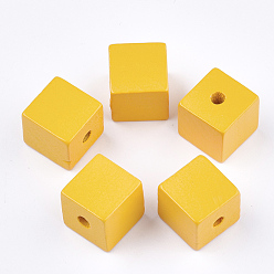 Gold Bemalte natürliche Holzperlen, Würfel, Gold, 14~15x14~15x14.5~15 mm, Bohrung: 3.5 mm