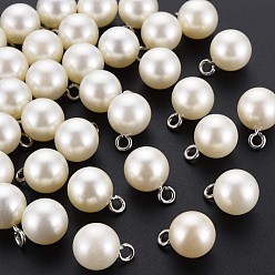 Creamy White Resin Pendants, Imitation Pearl, with Platinum Tone Iron Loop, Round, Creamy White, 16.5x12mm, Hole: 2mm
