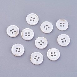 Floral White 4-Hole Shell Buttons, Undyed, Flat Round, Floral White, 11.5x2mm, Hole: 1.5mm
