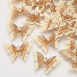 Light Gold Соединители латунные звенья, с кристально горный хрусталь, 3 d бабочка, золотой свет, 17x25x4 мм, отверстие : 1.2 мм