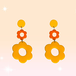 Оранжевый Акриловые полые серьги-гвоздики с цветком, с пинами из нержавеющей стали , платина, оранжевые, 75 мм