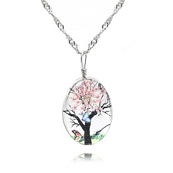 Pink Овальное стекло с засушенным цветком подвеска из дерева жизни сплав сингапурская цепочка ожерелья, платина, розовые, 19.69 дюйм (50 см)