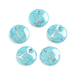 Letter L Synthetic Turquoise Charms, with Plastic Letter, Flat Round, Letter.L, 15x2mm, Hole: 1.5mm