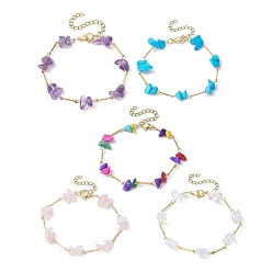 Смешанные камни Браслет-цепочка из натуральных и синтетических драгоценных камней с крошками из бисера, золотой браслет из нержавеющей стали, 7-1/4 дюйм (18.4 см)