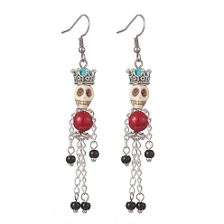 Античный Серебристый & Цвет Нержавеющей Стали Серьги-подвески со скелетом из синтетической бирюзы и натурального машана из нефрита, 304 серьги-кисточки из нержавеющей стали для Хэллоуина, старинное серебро и цвет нержавеющей стали, 82 мм, штифты : 0.8 мм