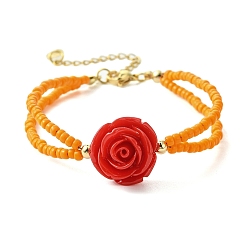 Темно-Оранжевый Многорядные браслеты из стеклянных бусин, браслеты с розами из красной смолы, темно-оранжевый, 7-1/4 дюйм (18.5 см)