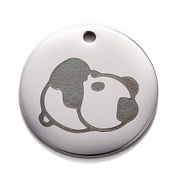 Stainless Steel Color Non-Tarnish Stainless Steel Pendants, Manual Polishing, Flat Round with Panda, Stainless Steel Color, 20x1.4mm, Hole: 1.6mm