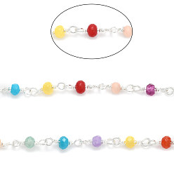 Серебро Ручная натуральная окрашенная нефрит бисерные цепи, несварные, с латунной фурнитурой , с катушкой, граненые, рондель, золотые, серебряные, 4x3 мм, около 32.8 футов (10 м) / рулон