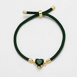 Темно-Зеленый Регулируемые браслеты из хлопкового шнура с ползунком, Браслеты из латуни в форме сердца, инкрустированные кубическим цирконием, для женщин., золотые, темно-зеленый, 7.87 дюйм (20 см)