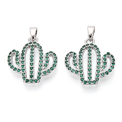 Платина Латунные микро проложить кубического циркония подвески, без кадмия и без свинца, кактус, платина, 19x18x3 мм, отверстие : 5x2 мм