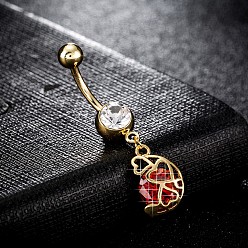 Rot Piercing-Schmuck, Messing Zirkonia Nabel Ring, Bauchringe, mit chirurgischem Edelstahlstab, cadmiumfrei und bleifrei, echt 18 k vergoldet, rot, 40x9 mm, Stange: 15 Spurweite(1.5mm), Stangenlänge: 3/8"(10mm)
