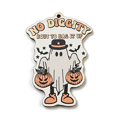 Ghost Древесины подвески, Хэллоуин тема, белые, призрак, 50x35x3 мм, отверстие : 2 мм
