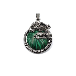 Malachite Natural Malachite Pendants, with Antique Silver Alloy Finding, Flat Round with Skull Charms, 40x35mm