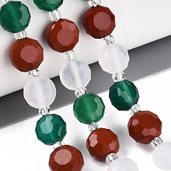 Природный Драгоценный Камень Нити бусин из натурального красного агата, зеленого агата и красной яшмы, плоско-круглые, граненые, 7~8.5x5~5.5 мм, отверстие : 1~1.2 мм, около 20 шт / нитка, 7.36~7.60'' (18.7~19.3 см)