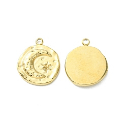 Настоящее золото 14K 304 Настройки горный хрусталь из нержавеющей стали кулон, Плоский круглый с луной и звездой, реальный 14 k позолоченный, пригодный для стразов 1.4 мм, 18x15x2.8 мм, отверстие : 1.8 мм