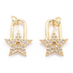 Real 18K Gold Plated Brass Micro Pave Clear Cubic Zirconia Beads Pendants, Cadmium Free & Lead Free, Long-Lasting Plated, Star & Lock, Real 18K Gold Plated, 18.5x13x2mm, Hole: 2.7mm