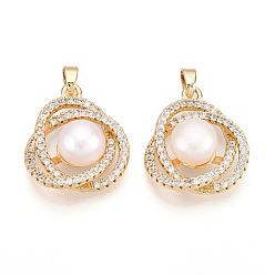 Настоящее золото 18K Подвески-розы из натурального пресноводного жемчуга, латунные микропаве прозрачные подвески с фианитом, реальный 18 k позолоченный, 21.5x19.5x8~9 мм, отверстие : 4.5x2 мм