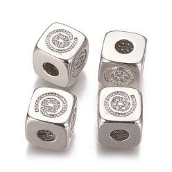 Real Platinum Plated Brass Micro Pave Cubic Zirconia Beads, Long-Lasting Plated, Cube with Symbol, Clear, Real Platinum Plated, 9x9x9mm, Hole: 3.5mm