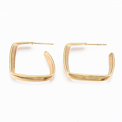 Real 18K Gold Plated Brass Half Hoop Earrings, Stud Earring, Nickel Free, Rectangle, Real 18K Gold Plated, 26~29x24~26mm, Pin: 0.7mm