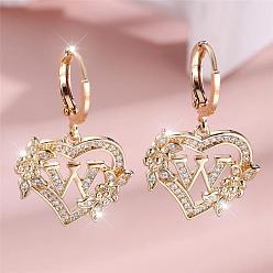 Letter W Серьги-кольца из латуни с микропаве и прозрачным кубическим цирконием в форме сердца, золотые, Буква W, 34x20 мм