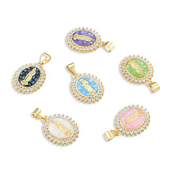 Mixed Color Brass Micro Pave Clear Cubic Zirconia Pendants, with Enamel and Shell, Golden, Nickel Free, Oval with Virgin Mary, Mixed Color, 19.5x14.5x4mm, Hole: 3x4mm
