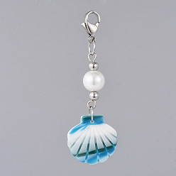 Синий Ацетат целлюлозы (смола) большие подвески, со стеклянной жемчужные круглых бусин, 304 застежка из лобстера из нержавеющей стали и картонная упаковочная коробка, оболочка, синие, 57 мм