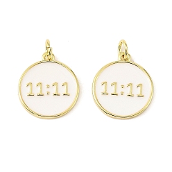 Настоящее золото 18K Латунь эмаль подвески, плоский круглый с 11:11 подвеской, долговечный, без кадмия и без свинца, стойки покрытие, реальный 18 k позолоченный, белые, 18x15x2.5 мм, отверстие : 3 мм