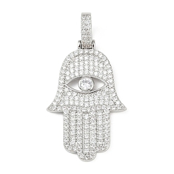 Платина Латунные микро проложить кубического циркония подвески, Хамса руку с дурным глазом, без свинца и без кадмия, долговечный, стойки покрытие, платина, 50 мм, отверстие : 8x6 мм