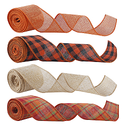 Mixed Color Polyester Imitation Linen Wrapping Ribbon, Wired Plaid Ribbon, for Crafts Decoration, Floral Bows Craft, Mixed Color, 2 inch(50mm), about 6m/roll, 4 colors, 1roll/color, 4rolls/set