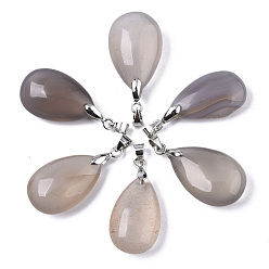 Серый агат Природные серые агаты подвески, с зажимными скобами из нержавеющей стали, слеза, цвет нержавеющей стали, 24x15x9~10 мм, отверстие : 5x4 мм