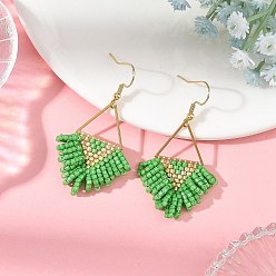 Green 304 Stainless Steel Dangle Earrings, Triangle, Cylinder Seed Beads Dangle Earrings, Green, 55x29mm