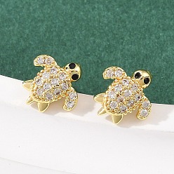 Tortoise Серьги-гвоздики из латунного микро-паве, долговечная тарелка, стойки покрытие, без свинца и без кадмия, реальный 18 k позолоченный, черепаха, 9.5x9 мм