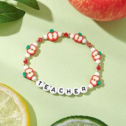 Разноцветный Браслеты из акриловых бусин на день учителя для женщин, учить и яблоко, с полимерной глиной бисера, красочный, внутренний диаметр: 2-1/4 дюйм (5.6 см)