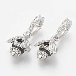Platinum Alloy Rhinestone European Dangle Charms, with Enamel, Large Hole Pendants, Bees, Black, Platinum, 25mm, Hole: 5x8mm