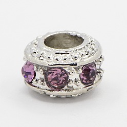 Свет Аметист Сплав стекла горный хрусталь Европейский бисером, бусины с большим отверстием, рондель, Платиновый металл, светлый аметист, 10x7 мм, отверстие : 5 мм