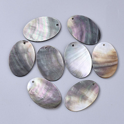 Black Black Lip Shell Pendants, Oval, Black, 30x20.5x1~2mm, Hole: 1.6mm