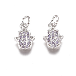 Платина Религия латунь микро проложить фианит, с прыжковых колец, hamsa рука / рука fatima / рука miriam, сирень, платина, 10.5x7x1.5 мм, отверстие : 3 мм
