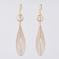 Lilac Dangle Earrings, with Glass Pearl Beads, Brass Big Pendants, Brass Earring Hooks and Cardboard Packing Box, Teardrop, Lilac, 85mm, Pin: 0.7mm