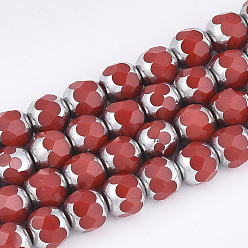 Red Electroplate Opaque Glass Beads Strands, Half Silver Plated, Faceted, Round, Red, 8~8.5x7~8mm, Hole: 1mm, about 40pcs/strand, 11.8 inch