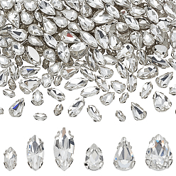 Кристалл 180Шитье со стразами, многожильных ссылки, стекло горный хрусталь, с латунными зубцами в платиновых тонах, слеза, кристалл, 8~15x4~10x3.5~6 мм, отверстие : 0.8~1 мм